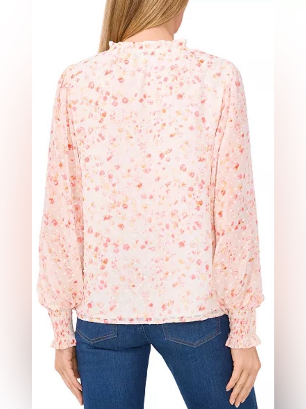 NWOT CeCe Women's Floral Clip Dot Smocked-Cuff V-Neck Blouse! - Picture 2 of 3